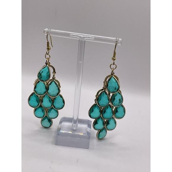 Teardrop Gold-Toned Dangle Earrings With Green Crystal Accents - Picture 1 of 4